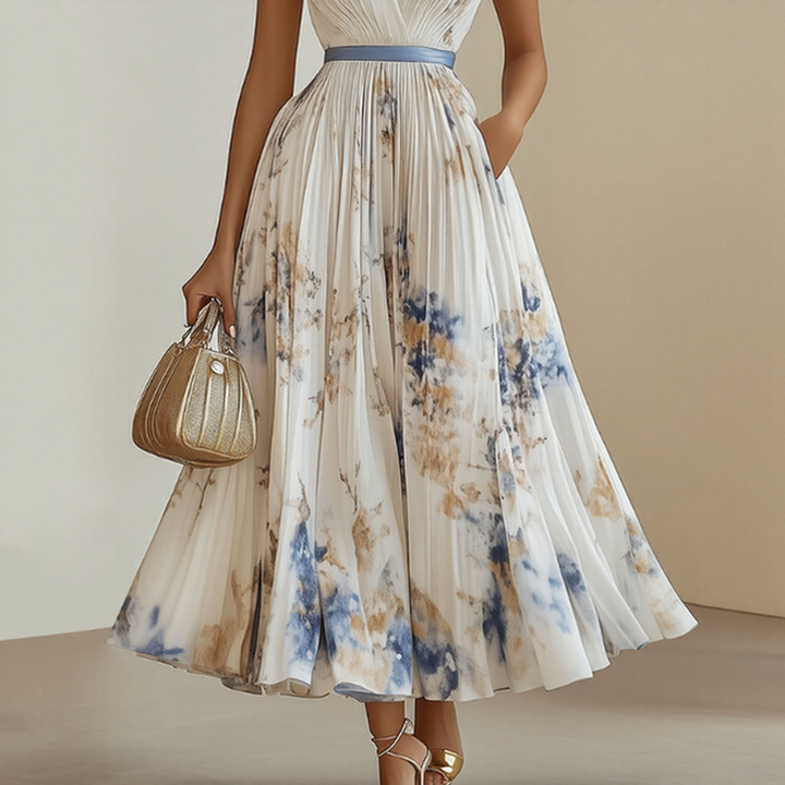 Pink elegant V-neck sleeveless midi dress. Ideal for summer parties, flowy and flattering fit.