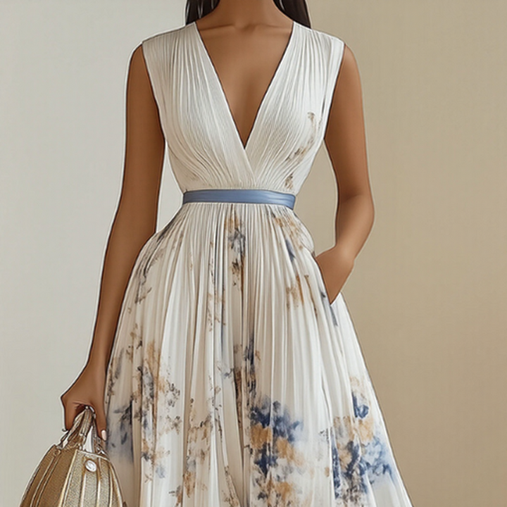 Green elegant V-neck sleeveless midi dress. Stylish summer occasion wear, flattering and flowy.