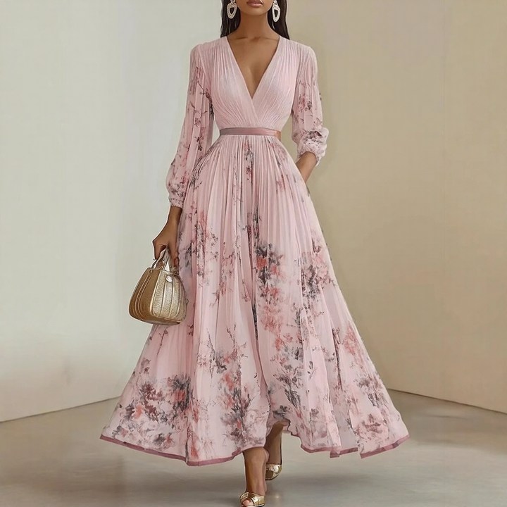 Flattering elegant V-neck sleeveless midi dress for women. Flowy summer style, perfect for special occasions.