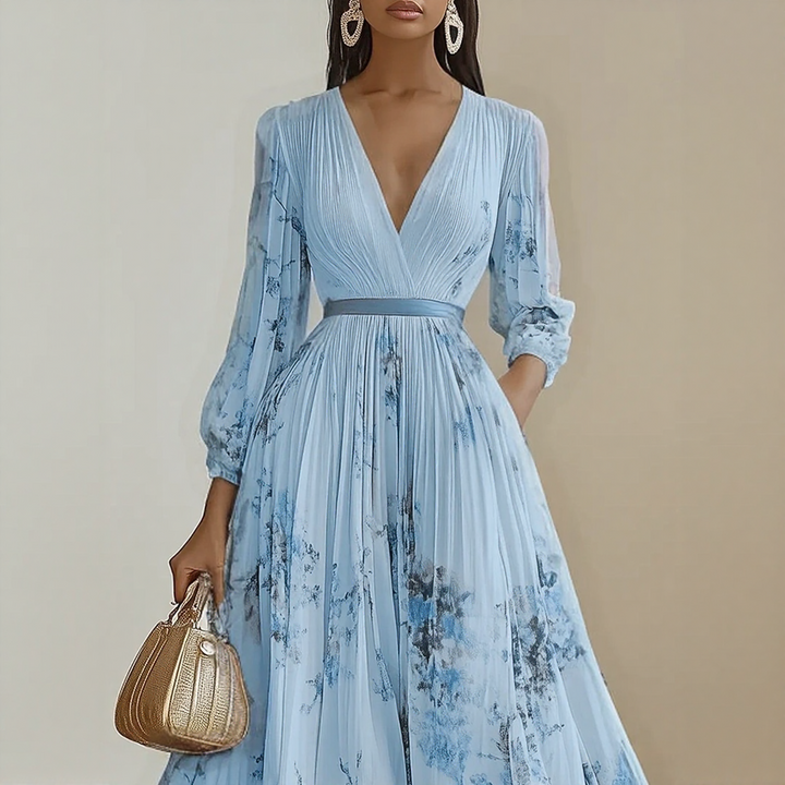 Sleeveless midi dress for women, elegant V-neck design. Perfect flowy summer dress for any occasion.