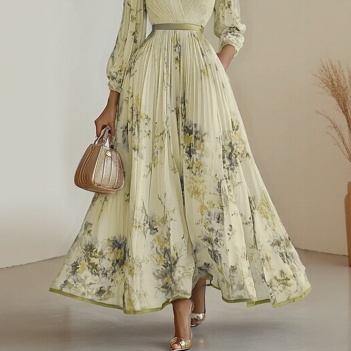 Pink elegant V-neck sleeveless midi dress. Women's flattering occasion wear, ideal flowy summer dress.