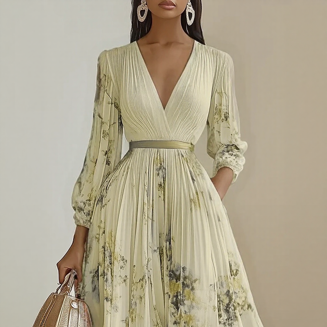 Stylish green V-neck sleeveless midi dress. Women's elegant summer flowy dress, perfect for occasions.