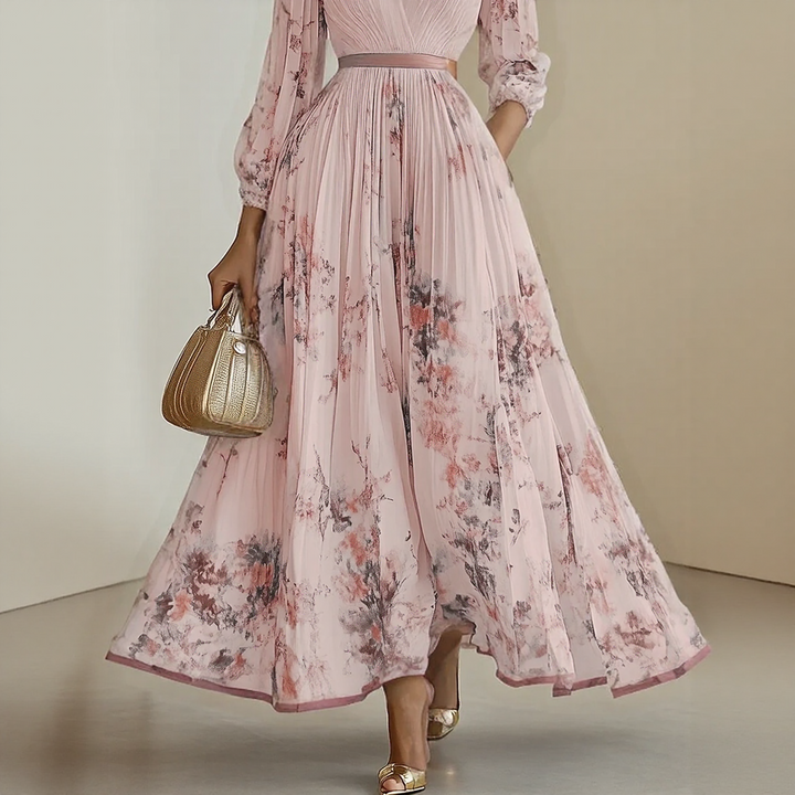 Flowy elegant V-neck sleeveless midi dress. Women's summer occasion wear, comfortable and flattering fit.