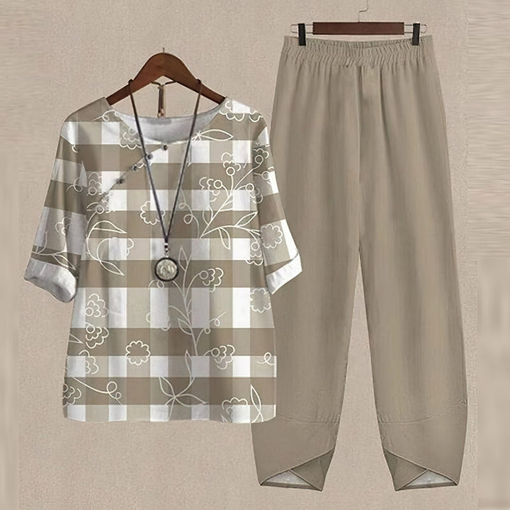 Versatile women's two-piece shirt & pants set for spring, summer & autumn; elegant, casual chic style.
