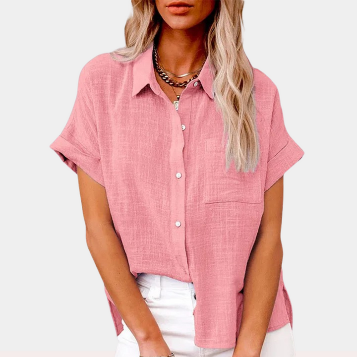 Chic short sleeve button front blouse for women, ideal for relaxed summer fashion & everyday style.