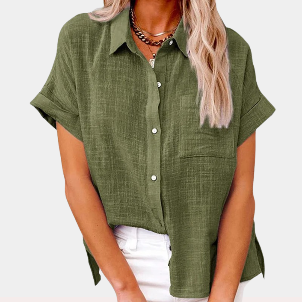 Relaxed fit women's short sleeve blouse with stylish button front, great for office casual & everyday.