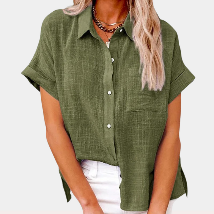Relaxed fit women's short sleeve blouse with stylish button front, great for office casual & everyday.