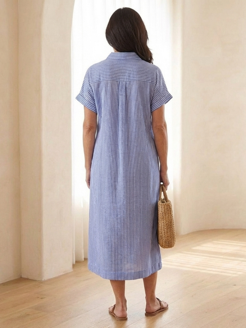 Relaxed fit women's striped midi dress with short sleeves and button front, ideal for daily fashion.