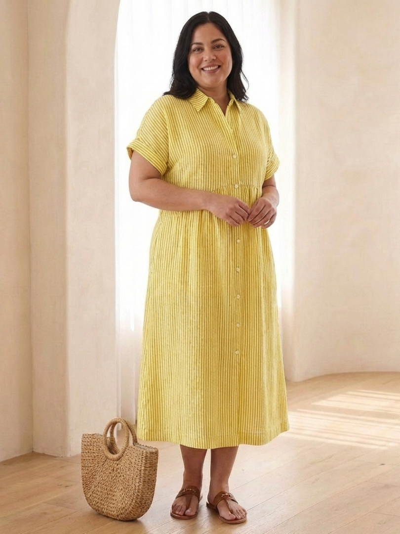Women's casual striped midi dress with short sleeves, button front, and convenient pockets.