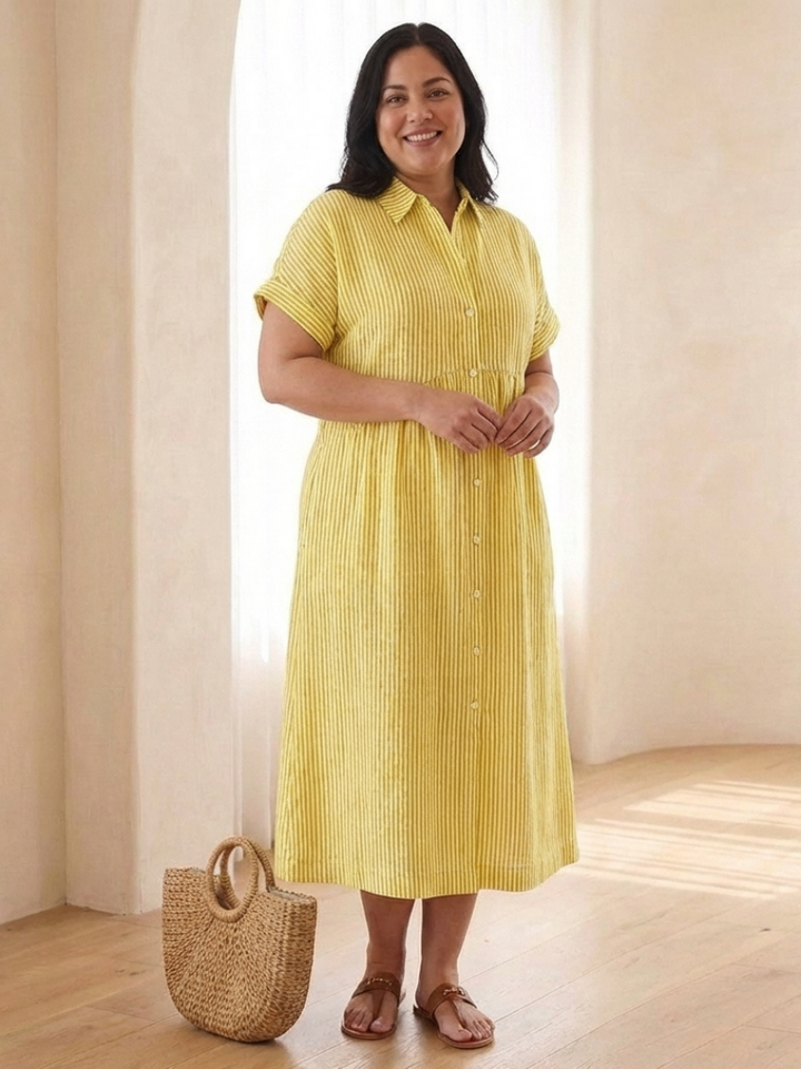 Women's casual striped midi dress with short sleeves, button front, and convenient pockets.