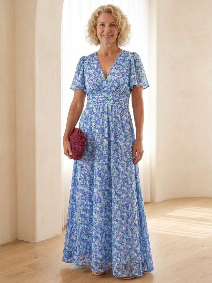 Women's floral V-neck short sleeve maxi dress, perfect for summer casual elegance and warm weather style.