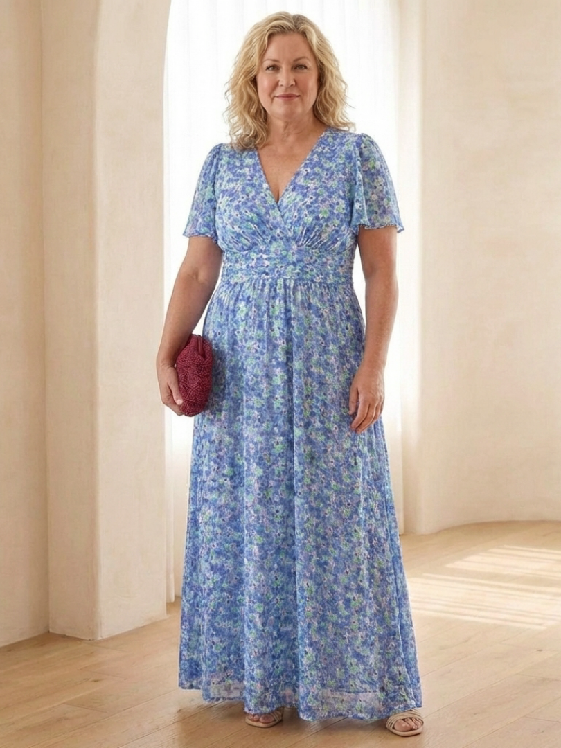 Relaxed fit floral maxi dress with V-neck & short sleeves, ideal for a comfortable summer day dress.