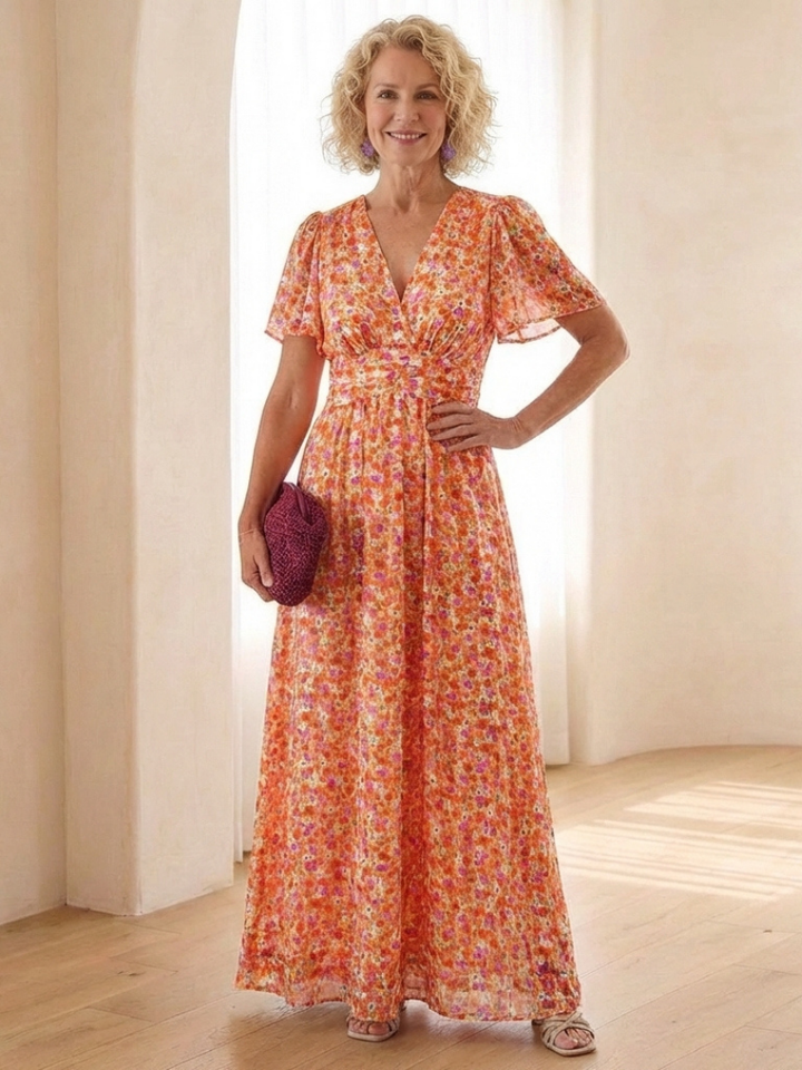 Women's V-neck short sleeve floral maxi dress, a breezy and elegant summer day dress option.