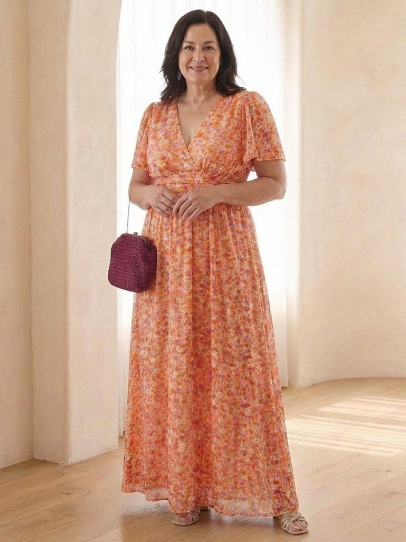 Vibrant floral print V-neck short sleeve maxi dress, a stylish women's summer dress for casual elegance.