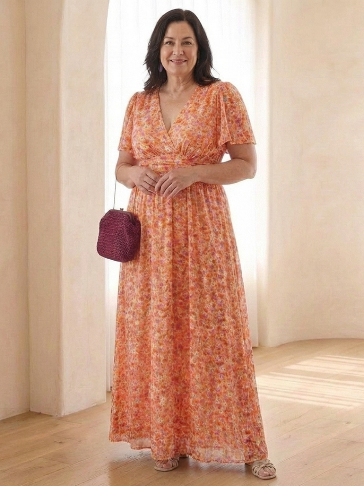 Vibrant floral print V-neck short sleeve maxi dress, a stylish women's summer dress for casual elegance.