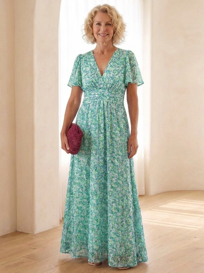 Comfortable relaxed fit floral V-neck short sleeve maxi dress for women, great for warm weather.
