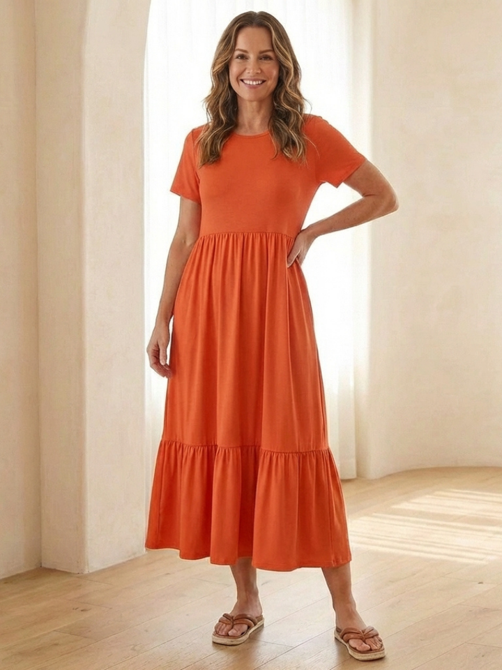 Stylish women's tiered midi dress, round neck & short sleeves. Comfortable casual wear for summer & everyday.