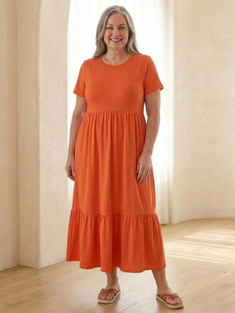 Relaxed fit women's tiered midi dress with short sleeves and round neck. Great for casual summer outfits.