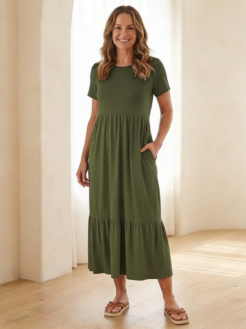 Elegant yet casual women's round neck short sleeve tiered midi dress. A comfortable summer fashion staple.