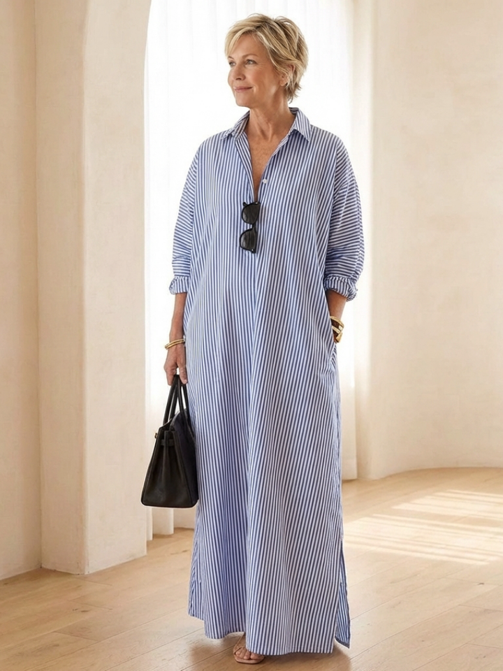 Women's striped long sleeve collar maxi shirt dress. Relaxed fit, perfect for spring/summer casual chic.