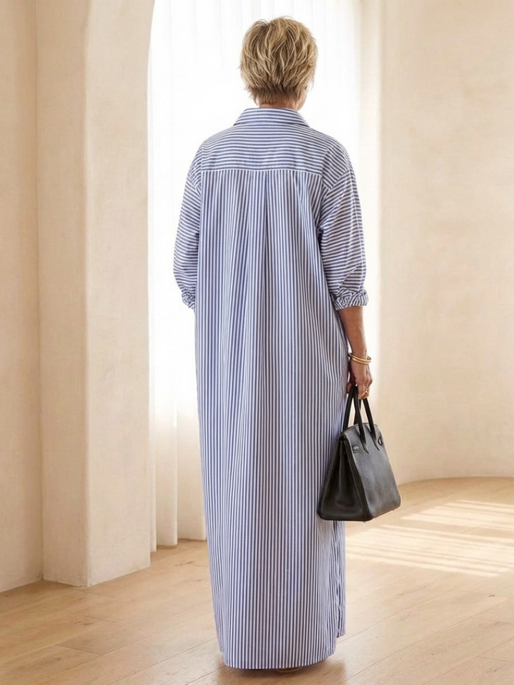Close-up of women's striped long sleeve maxi shirt dress collar, showing vertical stripes & comfortable fabric.