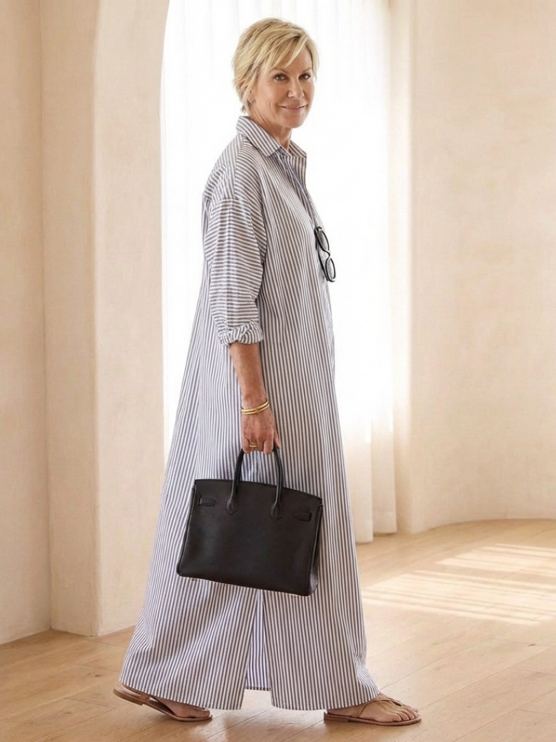 Versatile women's striped long sleeve collar maxi shirt dress. Perfect for casual or dressed-up spring/summer outfits.