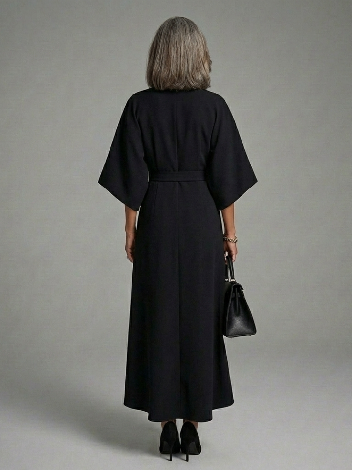 Versatile white women's asymmetric midi dress with elegant cape sleeves and a flattering waist-defined fit.
