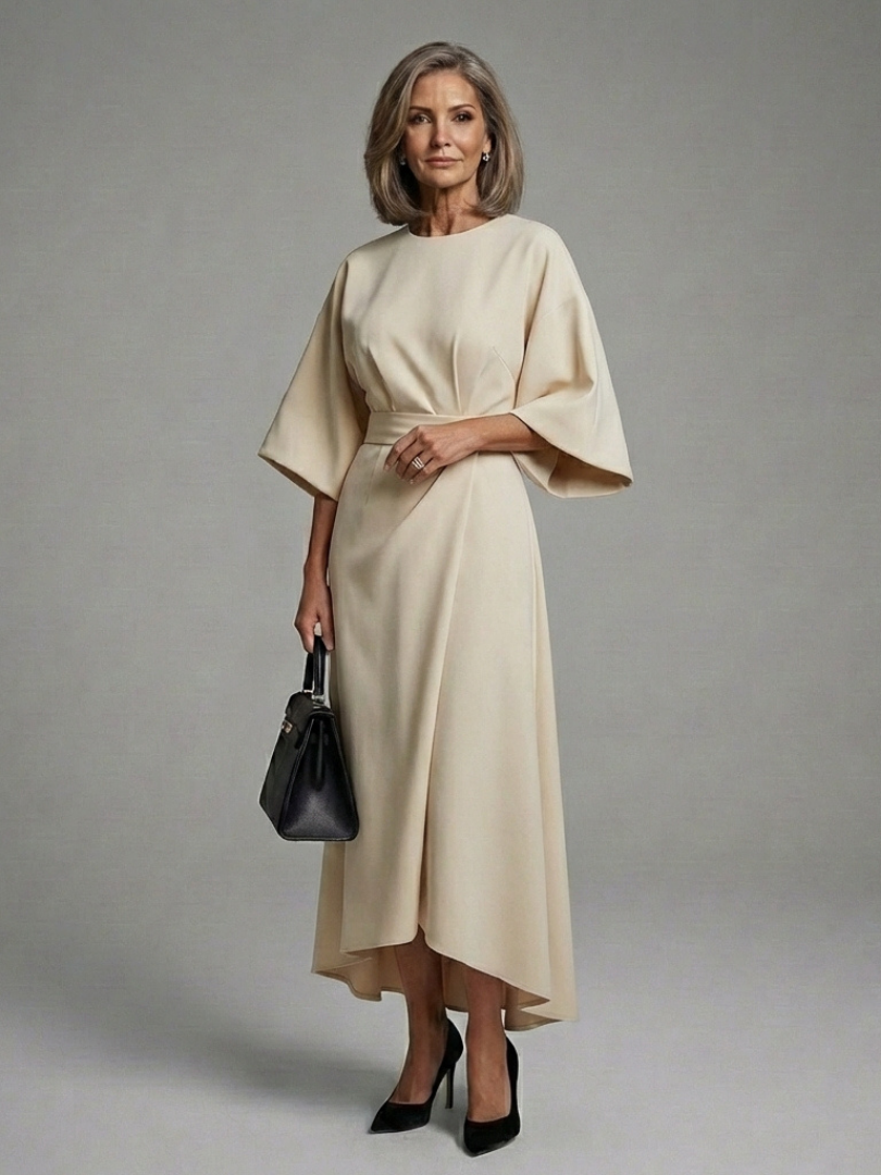 Fashionable white women's midi dress with cape sleeves, asymmetric hem, and a flattering waist-defined design.