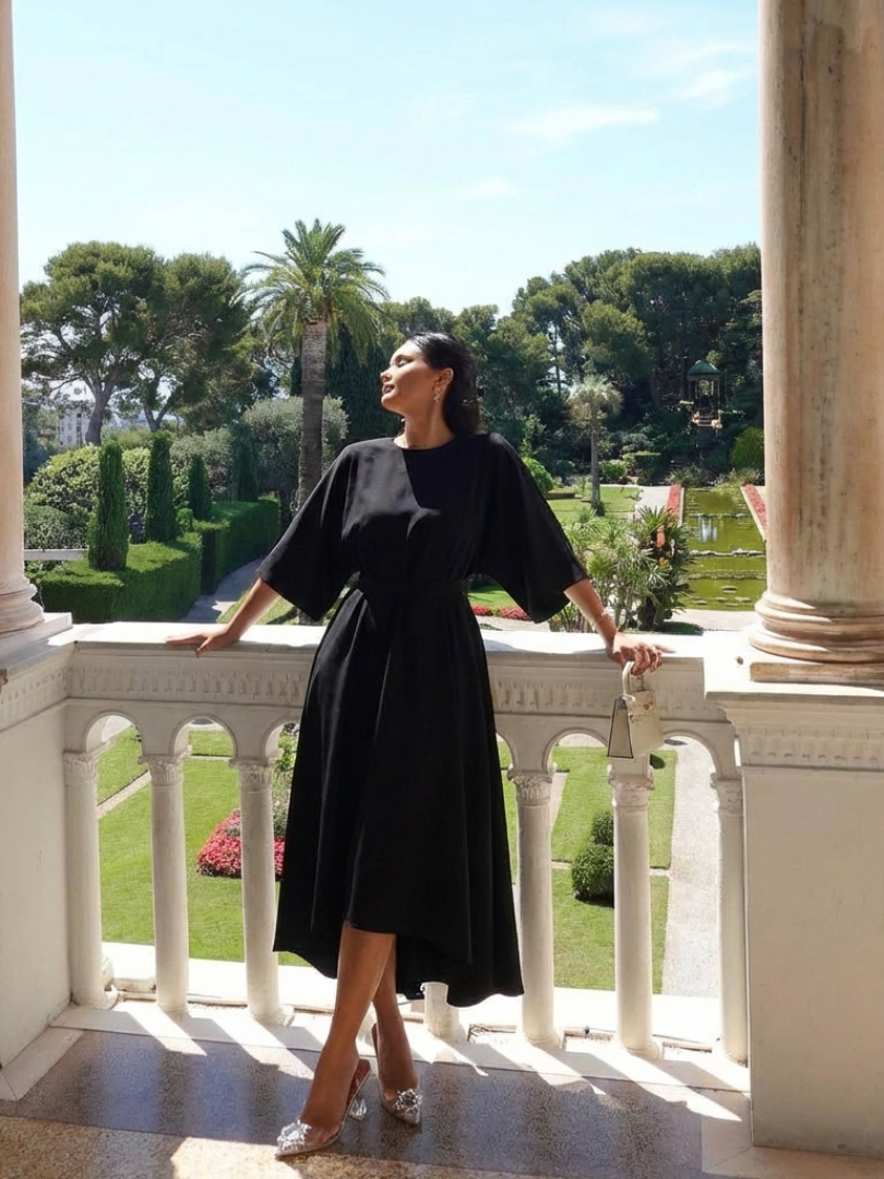 Chic white women's asymmetric midi dress with graceful cape sleeves, waist-defined for an elegant silhouette.