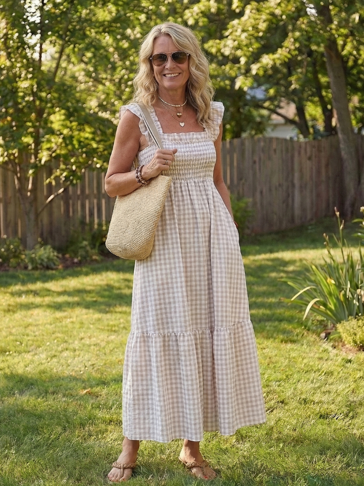 Women's flutter sleeve smocked gingham maxi dress, perfect for summer casual wear.