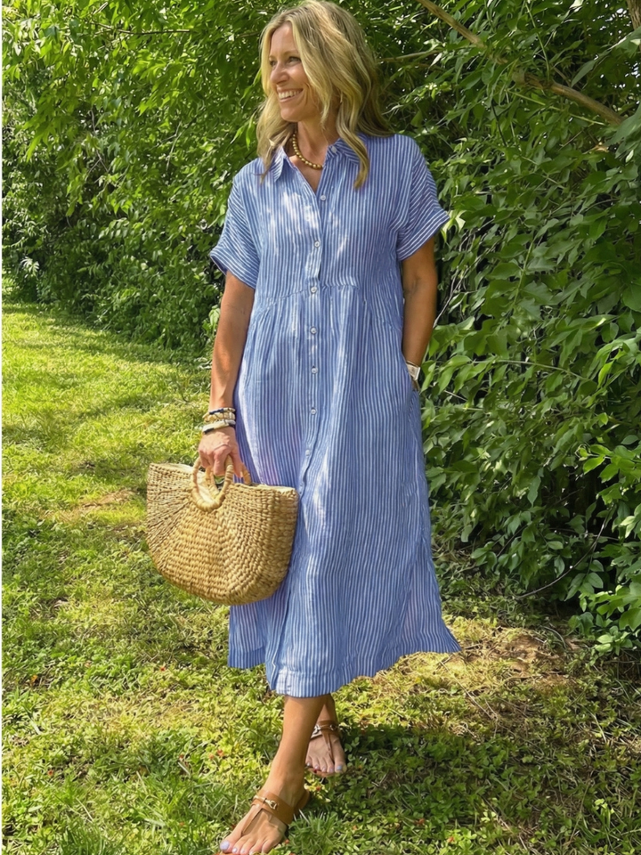 Women's casual striped midi dress with short sleeves & button front, perfect for summer everyday wear.