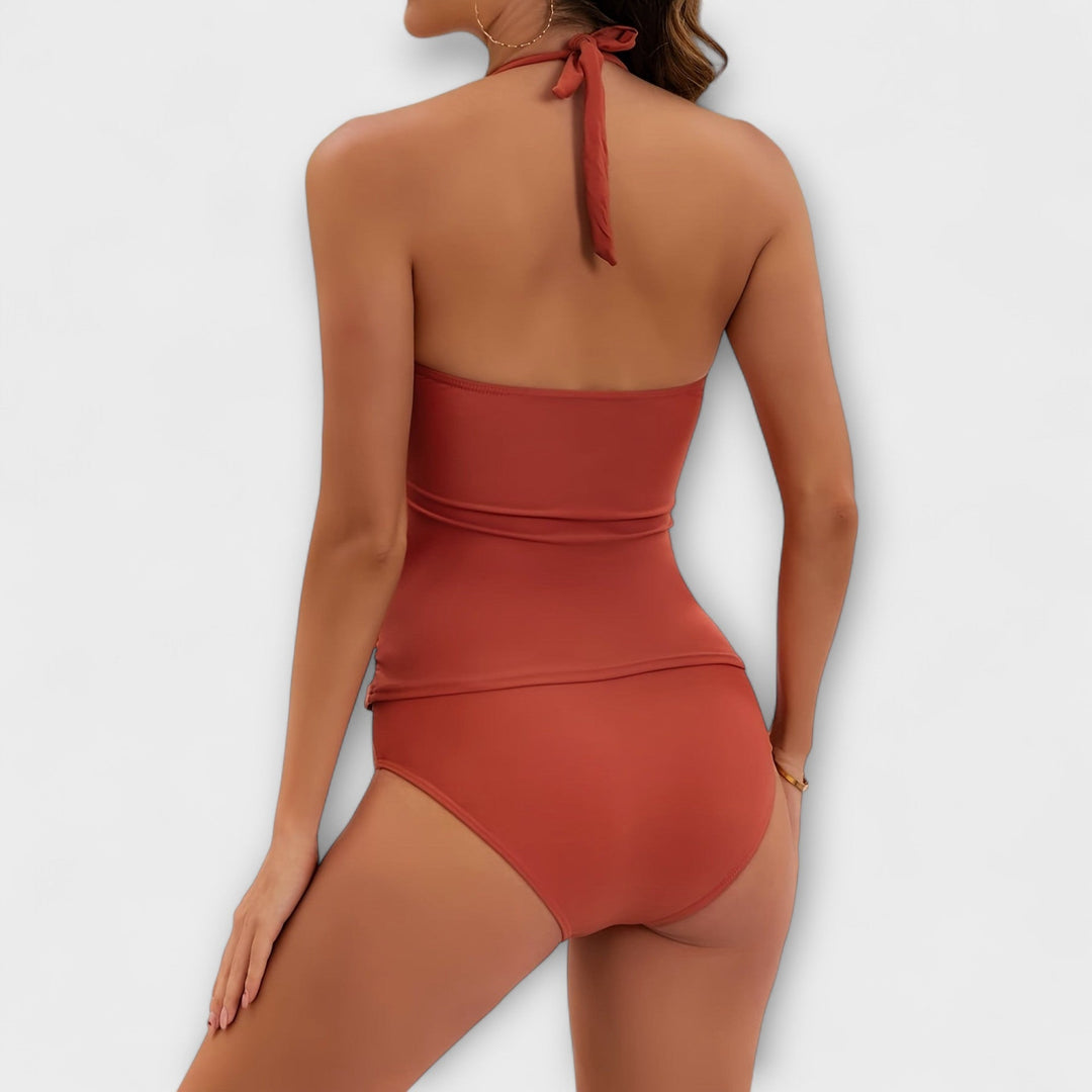Women's solid halter two-piece swimwear. Comfortable and flattering beach suit for summer.