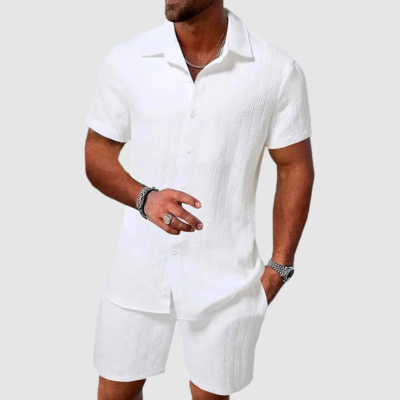 Stylish men's collared shirt & matching shorts, ideal for summer vacation attire and warm weather.