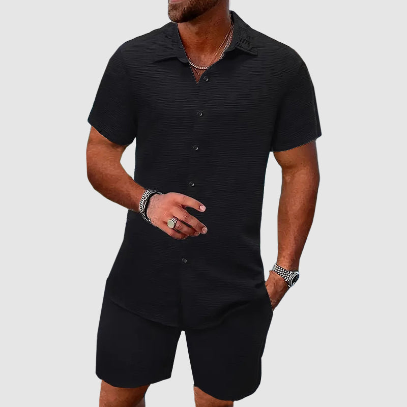 Men's summer fashion set with a short sleeve button-down collared shirt & stylish casual shorts.