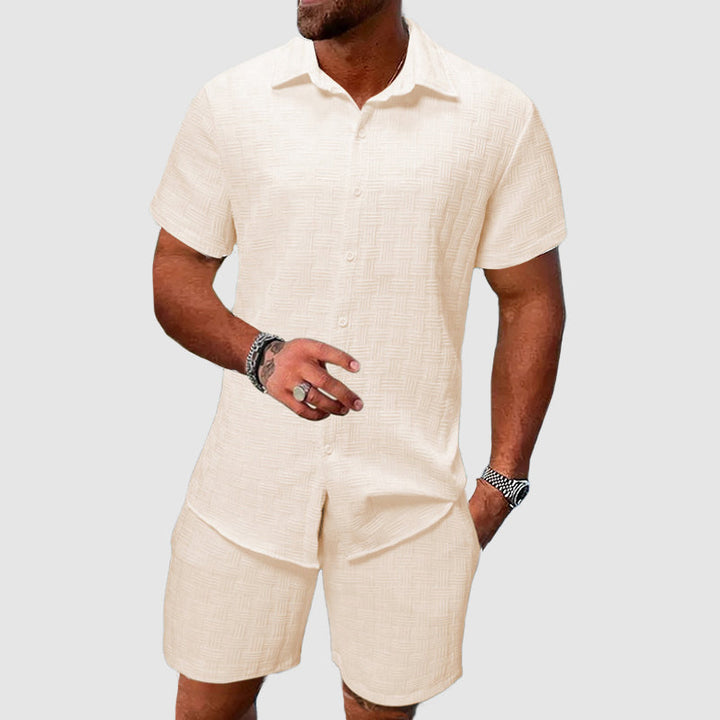 Men's casual button-down short sleeve shirt & shorts set. Perfect two-piece summer outfit for relaxed wear.