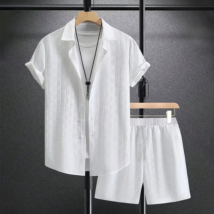 Versatile men's collared button-down shirt & shorts set. Great for casual outings or vacation attire.