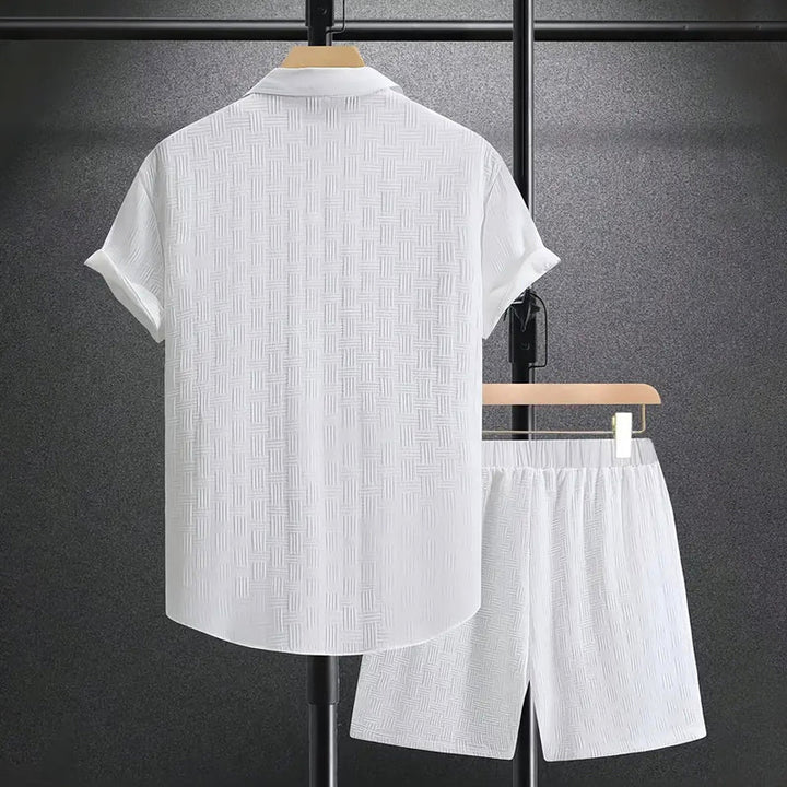 Modern men's short sleeve shirt and shorts combo. A relaxed fit two-piece for warm weather style.
