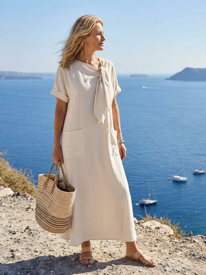 Comfortable women's short sleeve maxi dress with pockets. Round neck, ideal for casual everyday summer style.