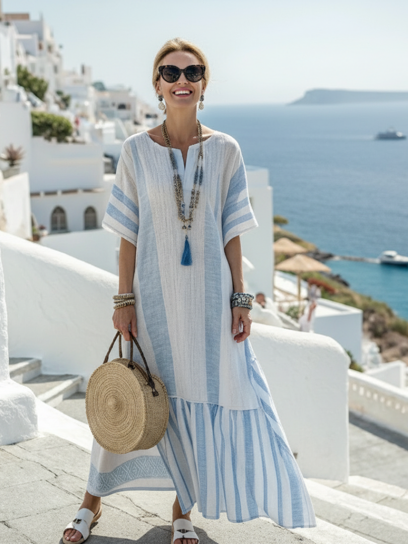 Sky blue women's striped round neck maxi dress with short sleeves, perfect for relaxed summer vacation.