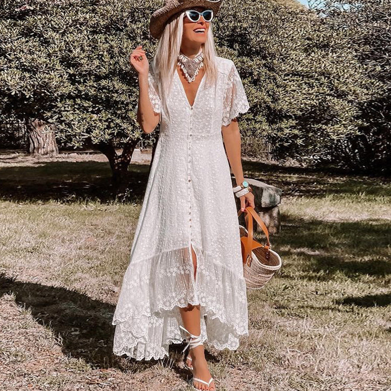 Beautiful white bohemian summer maxi dress, a comfortable and elegant flowy style for spring and warm weather.