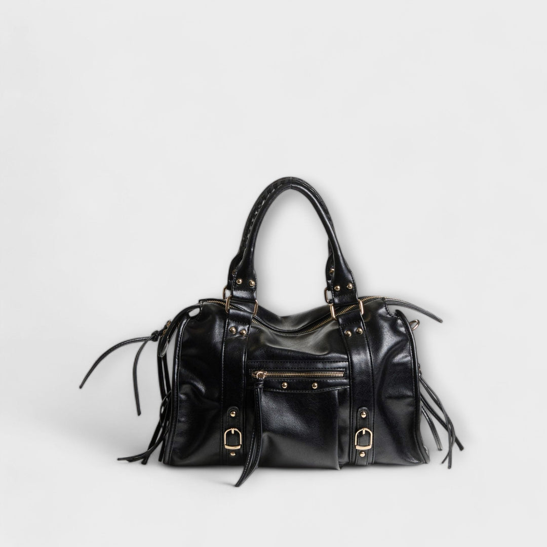 Black elegant vegan leather laptop tote bag for women with detachable strap, ideal for work.