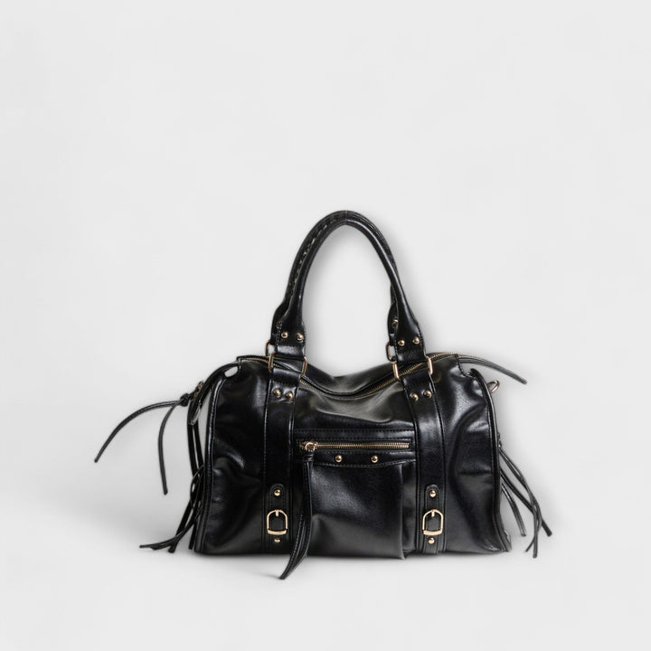 Black elegant vegan leather laptop tote bag for women with detachable strap, ideal for work.