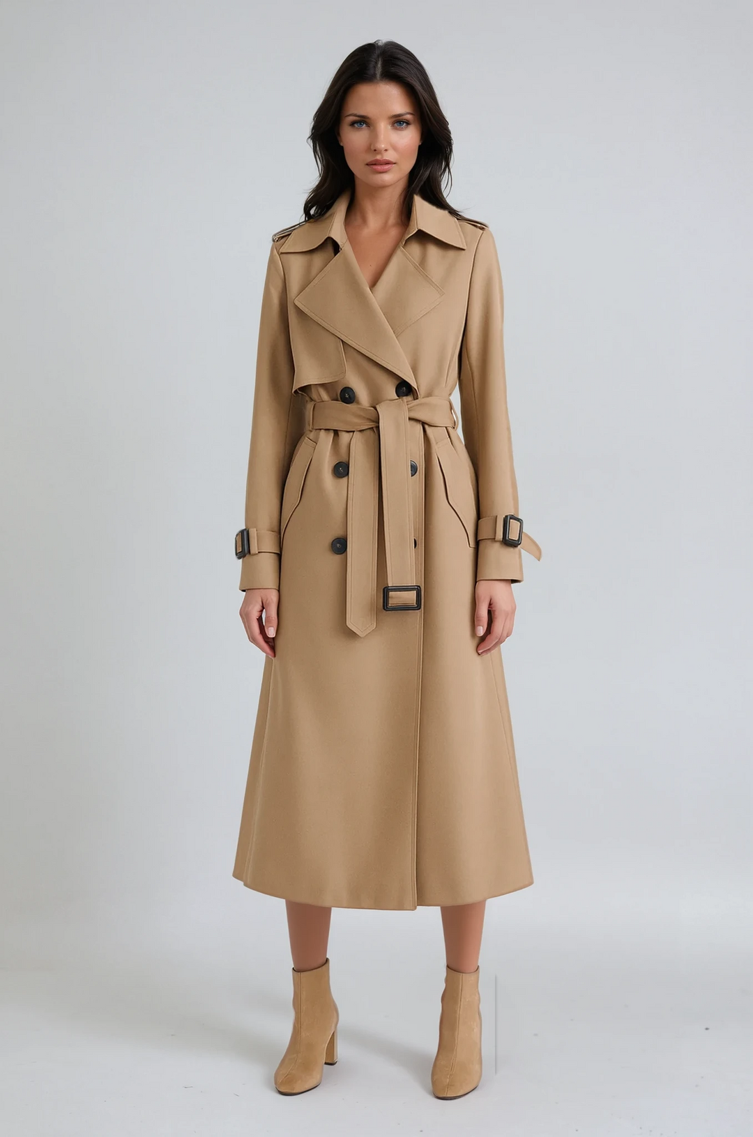 Women's classic long belted trench coat, double-breasted, elegant outerwear for spring & fall fashion.