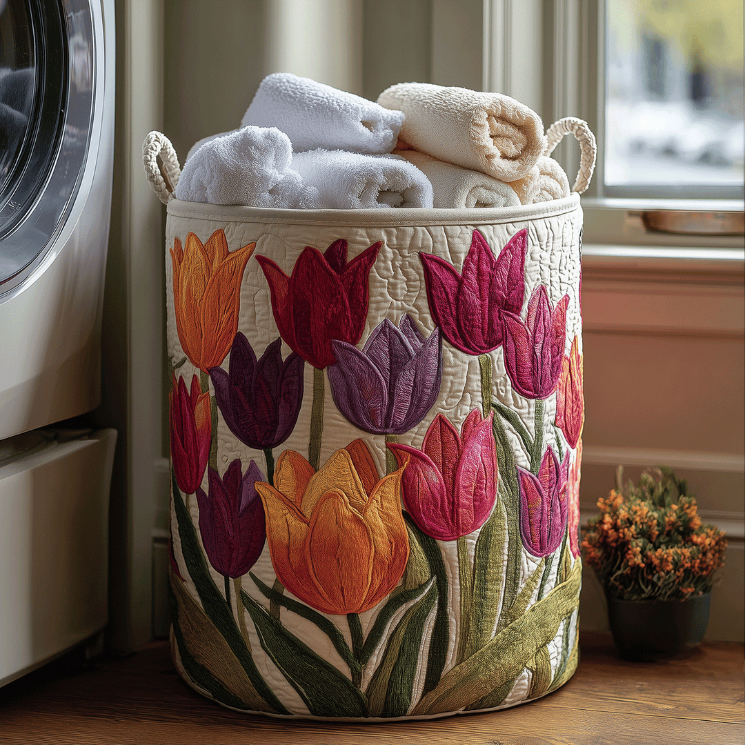 Unisex quilted fabric laundry basket for stylish home organization. Durable, soft storage hamper for clothes.