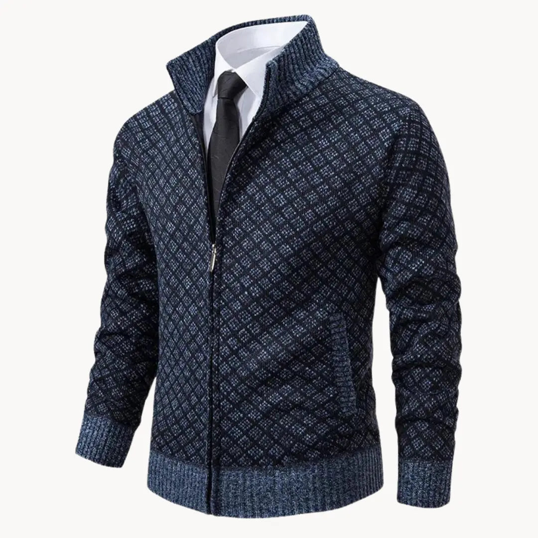 Stylish men's full-zip patterned sweater jacket. Features a stand collar & long sleeves for casual winter fashion.