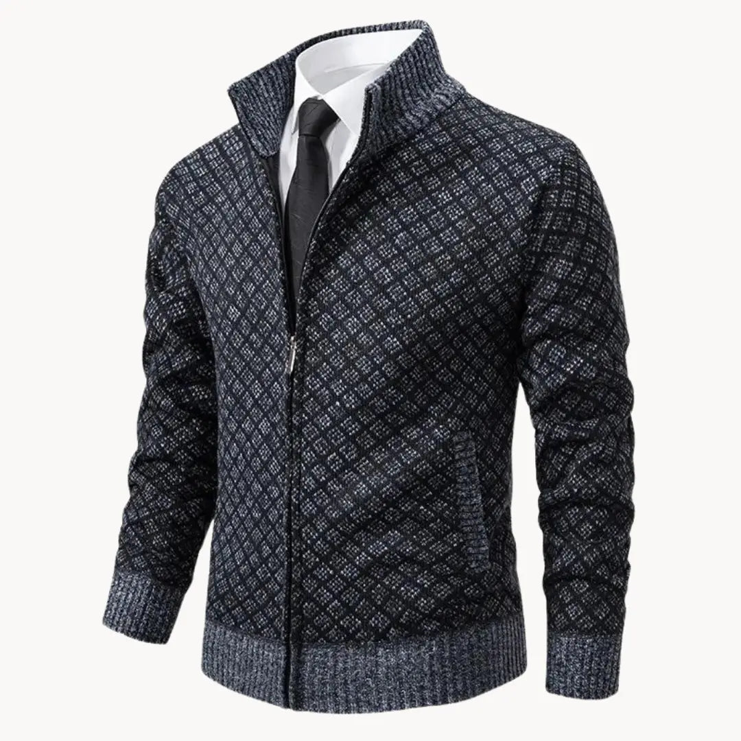 Warm men's patterned full-zip sweater jacket. Ideal long sleeve outerwear for winter fashion & casual layering.
