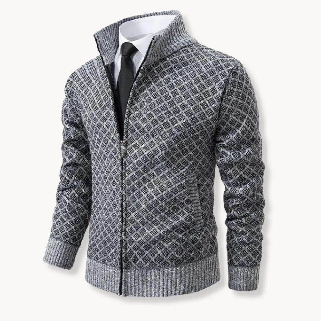 Casual men's full-zip sweater jacket with a unique pattern and stand collar. Great long sleeve outerwear for men.