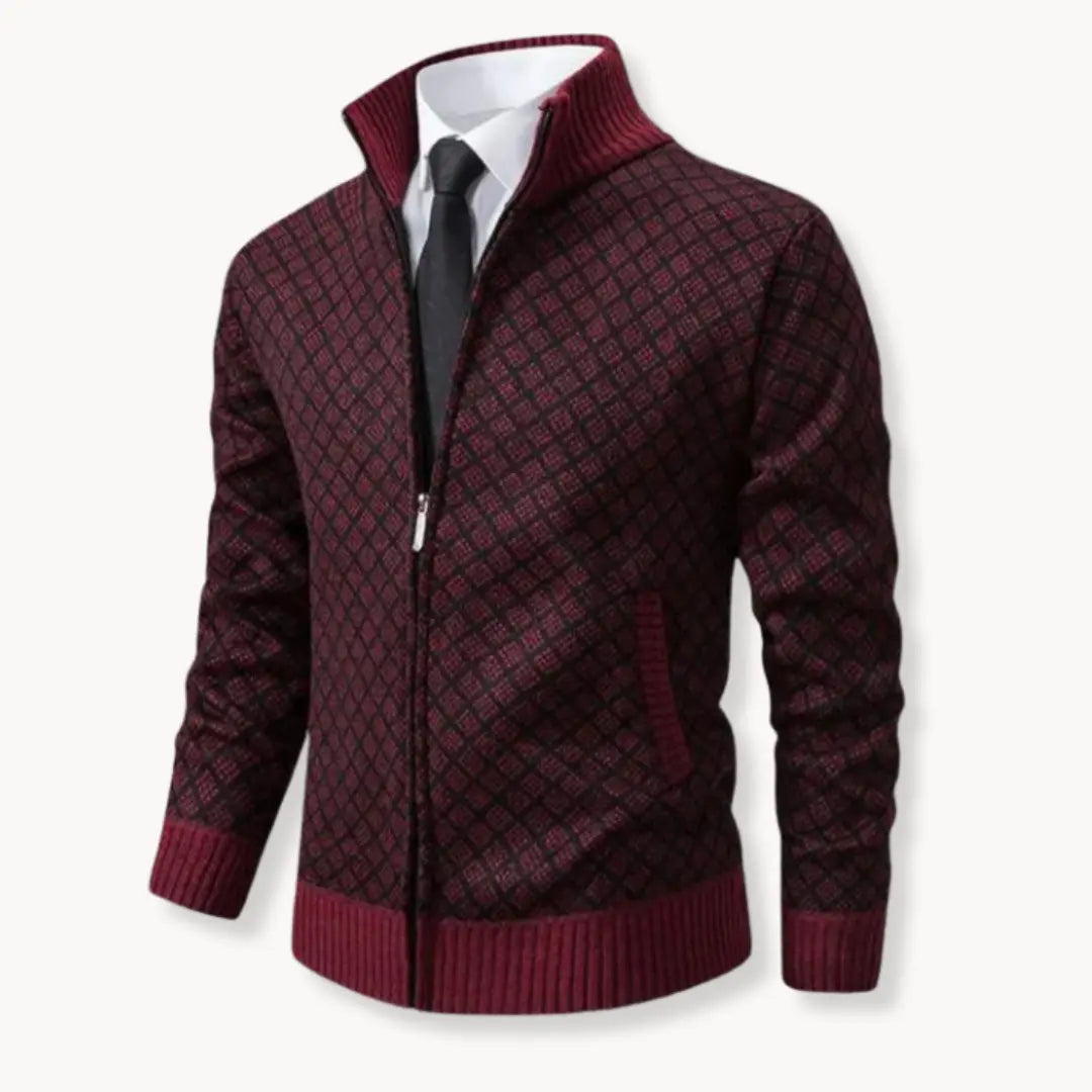 Men's full-zip patterned sweater jacket, a versatile long-sleeve outerwear piece for stylish winter fashion.