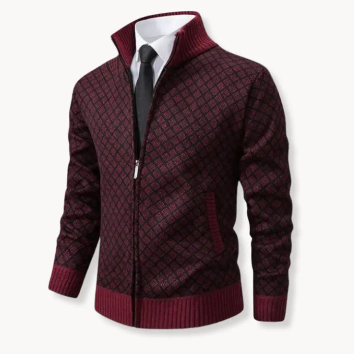 Men's full-zip patterned sweater jacket, a versatile long-sleeve outerwear piece for stylish winter fashion.