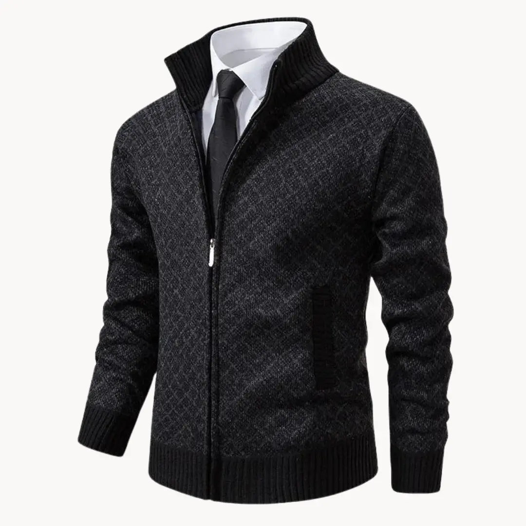 Men's patterned full-zip sweater jacket with stand collar. Perfect for stylish warmth and winter layering.